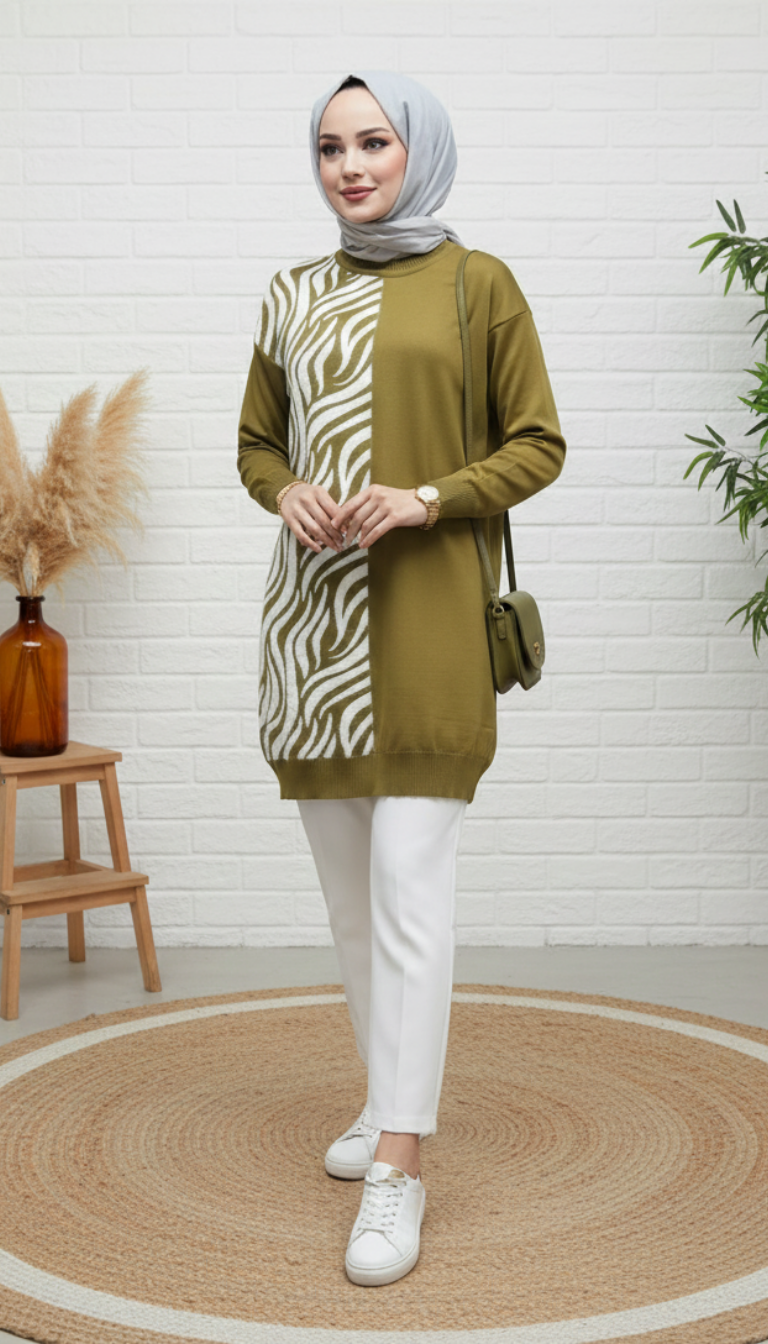 Novalüks Sakal Detay Soğuk İp Tunik 3284 - Yeşil