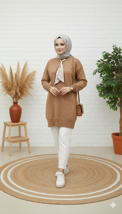 Novalüks Fularlı Triko Tunik 3289 - Vizon