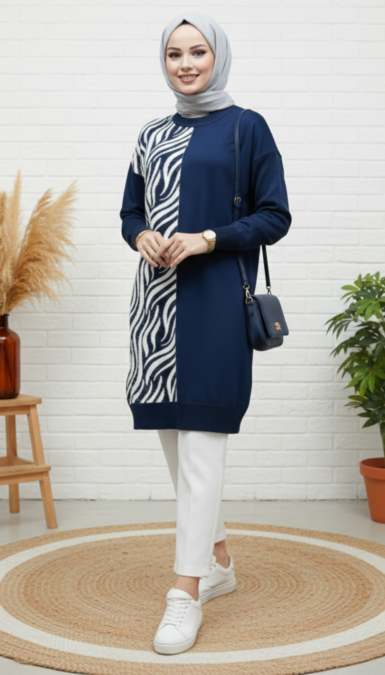 Novalüks Sakal Detay Soğuk İp Tunik 3284 - Lacivert