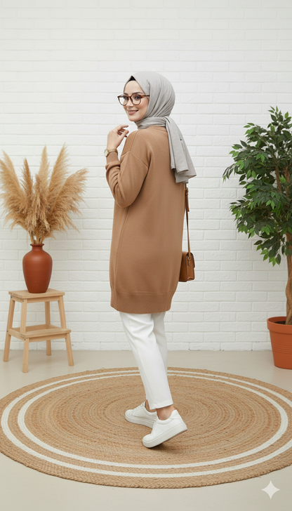 Novalüks Fularlı Triko Tunik 3289 - Vizon