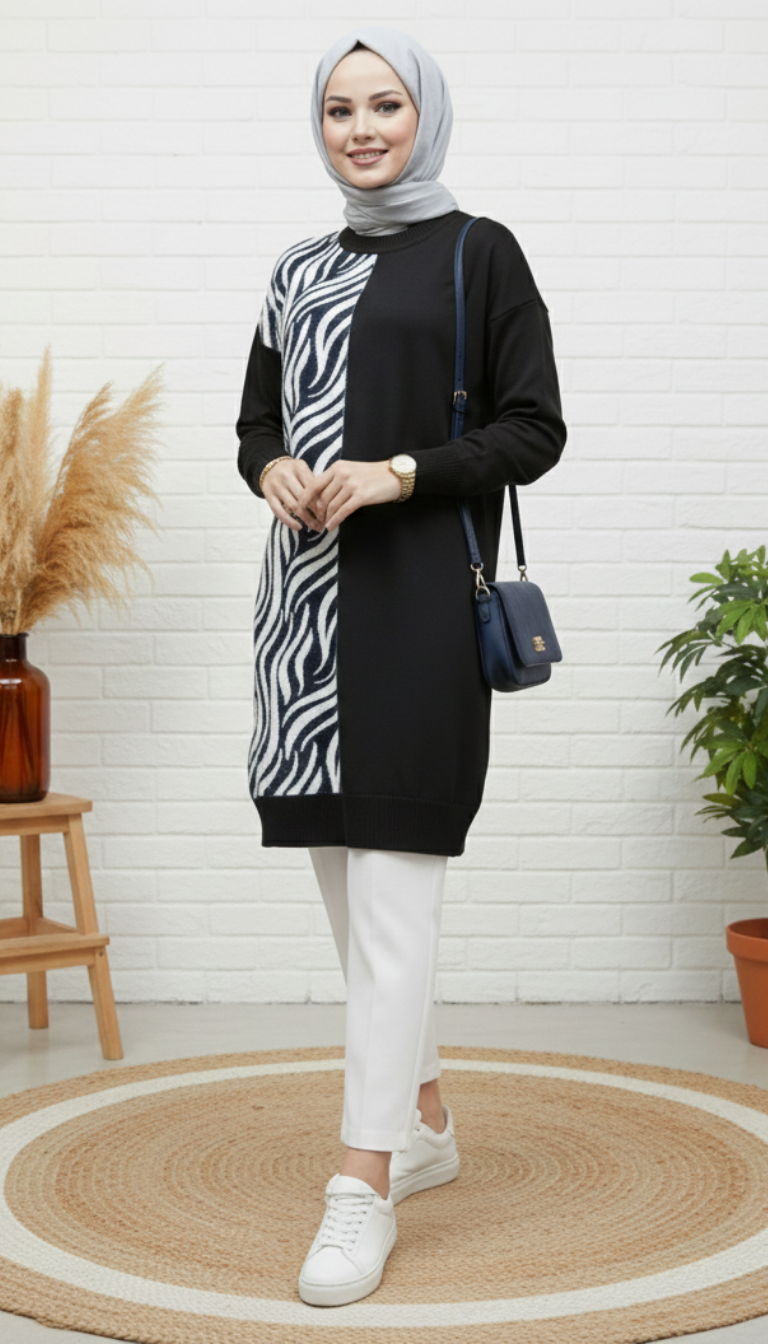 Novalüks Sakal Detay Soğuk İp Tunik 3284 - Siyah